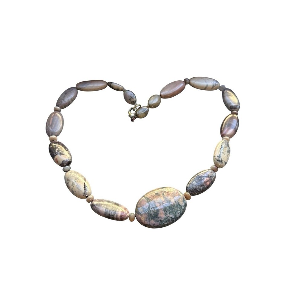 Natural Stone Beaded Statement Necklace 21.5" Pink Purple Gray Polished